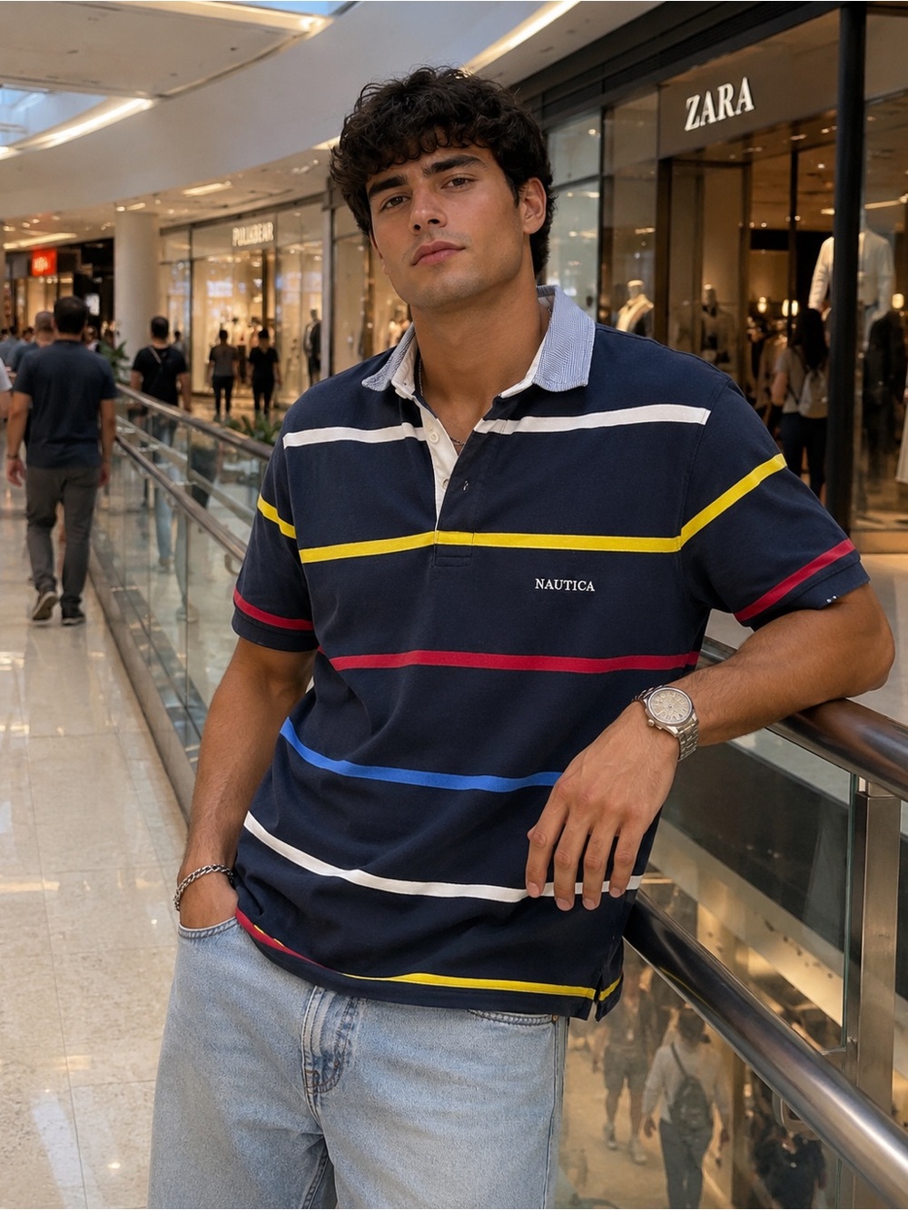 Nautica Men's XL Navy Multicolor Striped Rugby Polo Shirt  Category